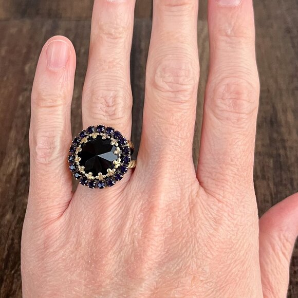 Sorrelli Halo Cocktail Ring Round Adjustable Bold Statement Purple Black Gold - Picture 4 of 15